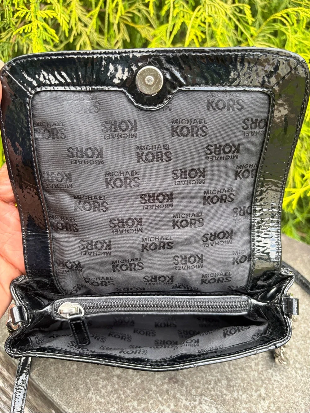 Michael Kors Black Patent Quilted Chain-Accent Crossbody/Wallet On Chain